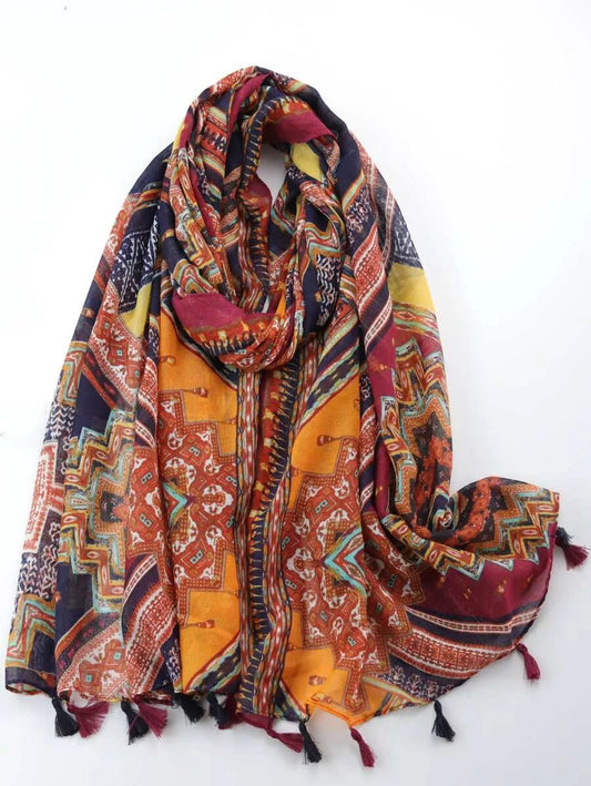 Boho Geometric Print Tassel Trim Scarf