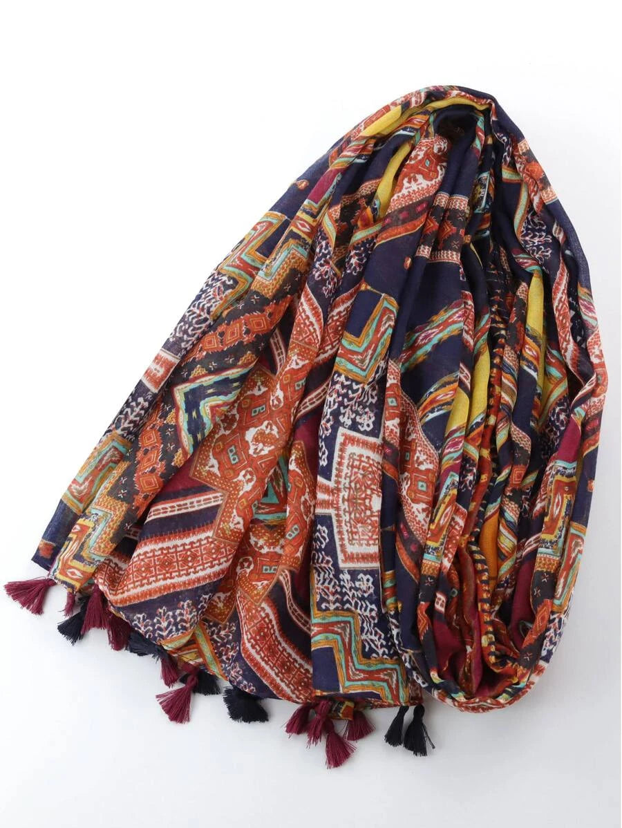 Boho Geometric Print Tassel Trim Scarf