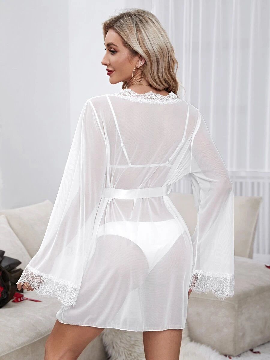 White Lace Trim Sheer Robe