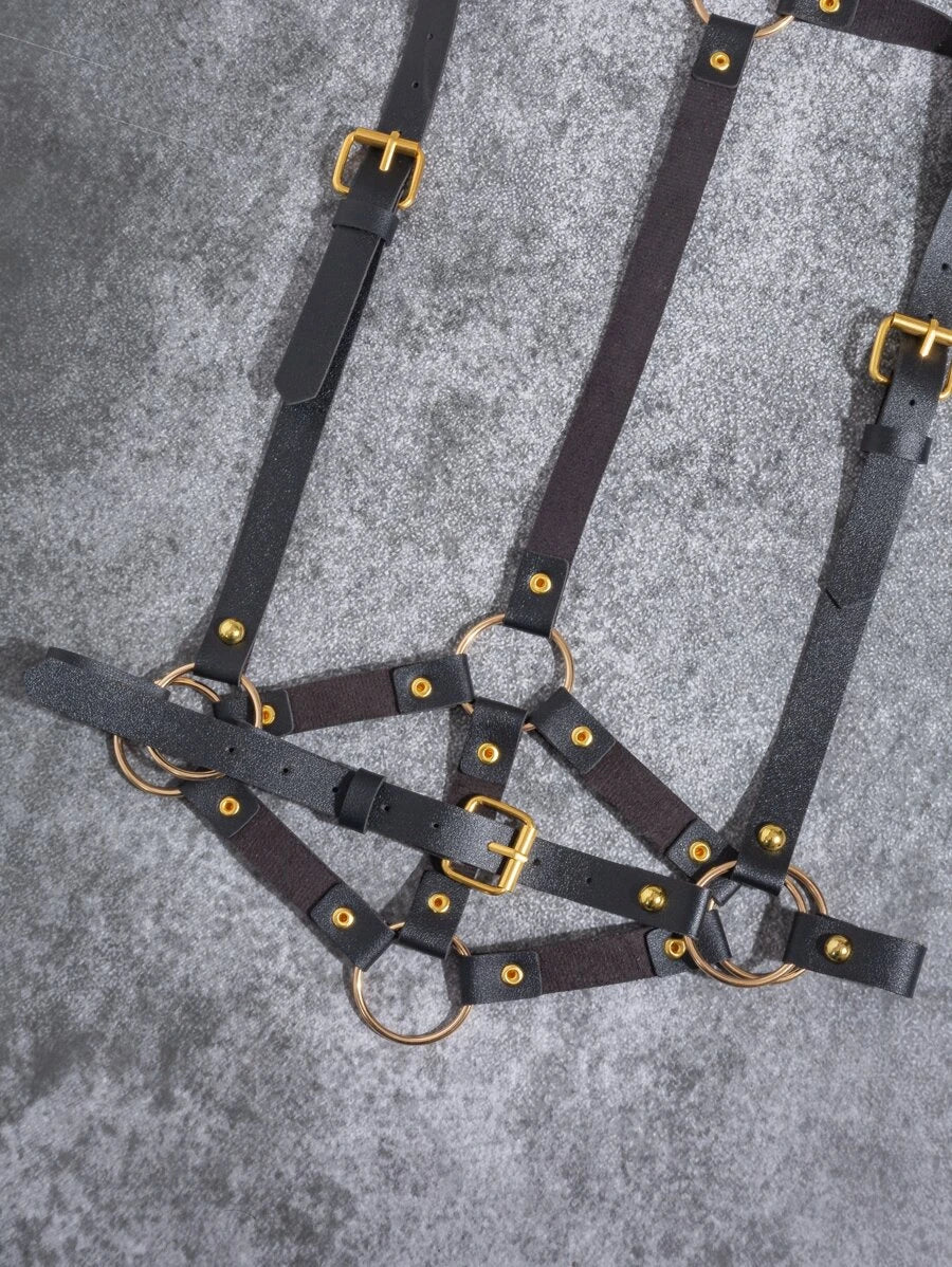 Gold Buckle Black Harness Belt (One Size)