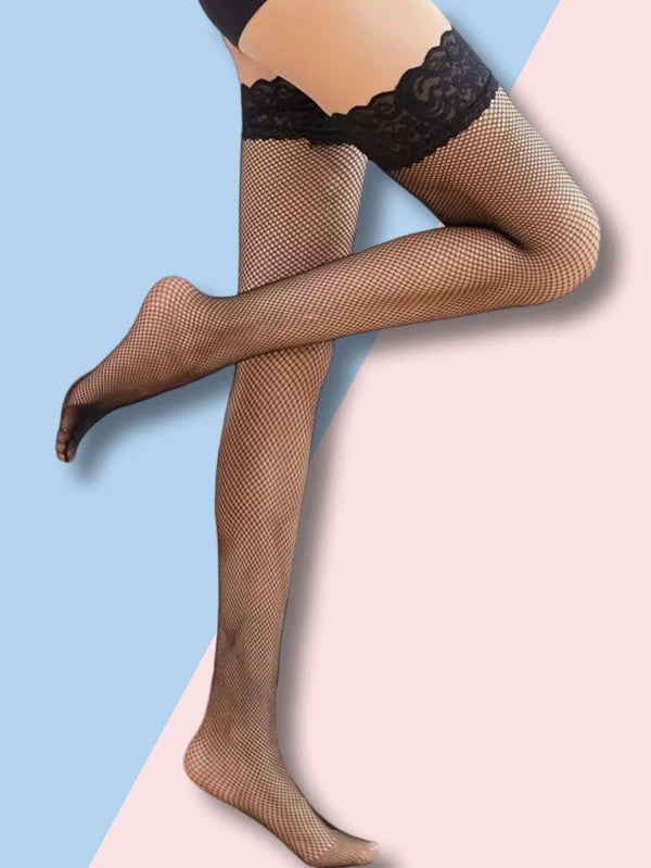 Black Lace Fishnet Stay-Up Stockings (One Size)