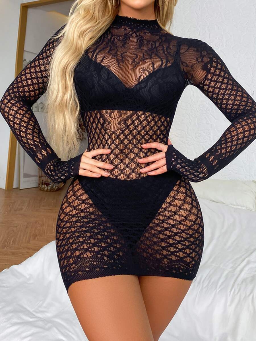 Black Fishnet Cut Out Back Dress With Sleeves (One Size)