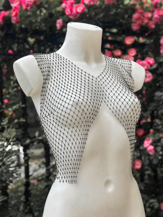 Black Mesh Diamonte Rhinestone Top (One Size)