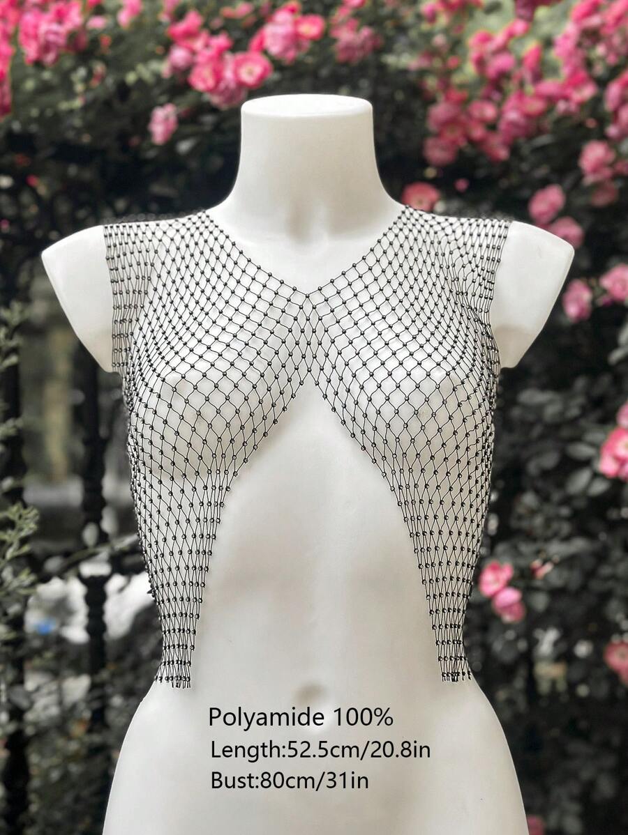 Black Mesh Diamonte Rhinestone Top (One Size)