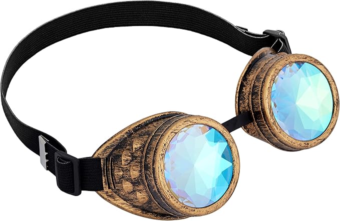 Bronze Kaleidoscope Steampunk Rave Goggles with Rainbow Crystal Glass Lens