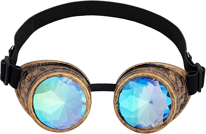 Bronze Kaleidoscope Steampunk Rave Goggles with Rainbow Crystal Glass Lens