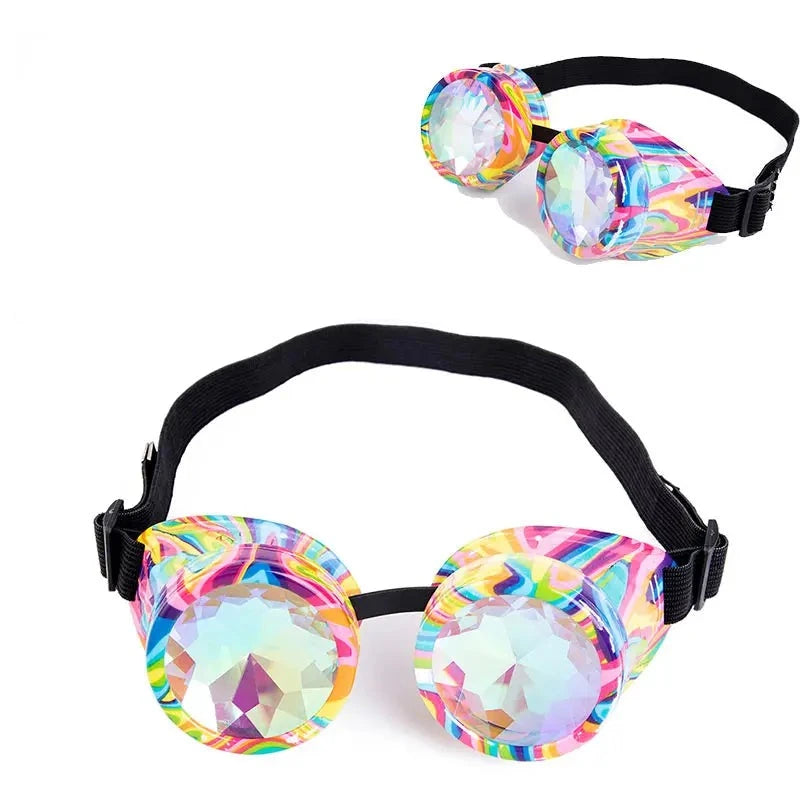 Rainbow Kaleidoscope Steampunk Rave Goggles with Rainbow Crystal Glass Lens