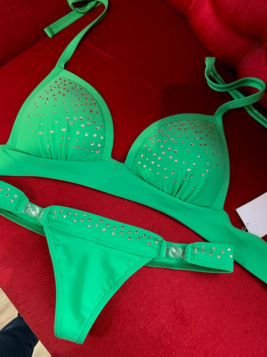 Green Diamonte Stripper Clips Bikini (One Size)