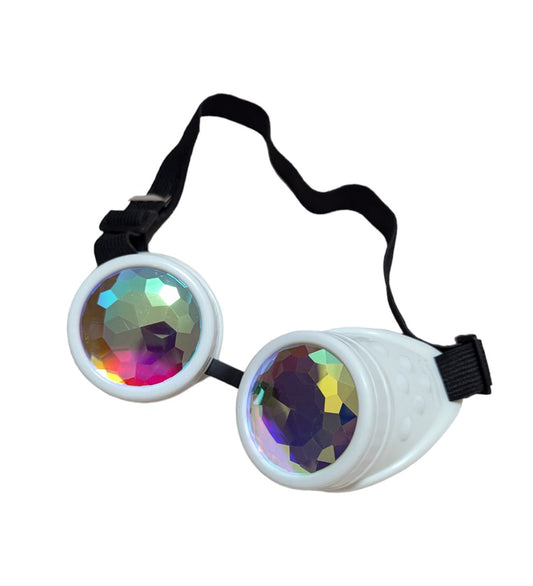 White Kaleidoscope Steampunk Rave Goggles with Rainbow Crystal Glass Lens
