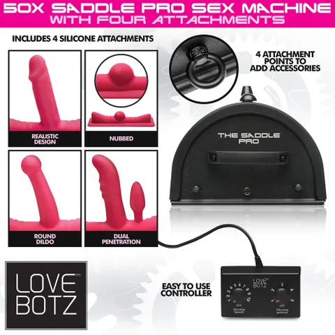 LoveBotz 50X Saddle Pro Sex Machine With 4 Attachment Dildos