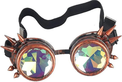 Bronze Kaleidoscope Steampunk Rave Goggles with Rainbow Crystal Glass Lens