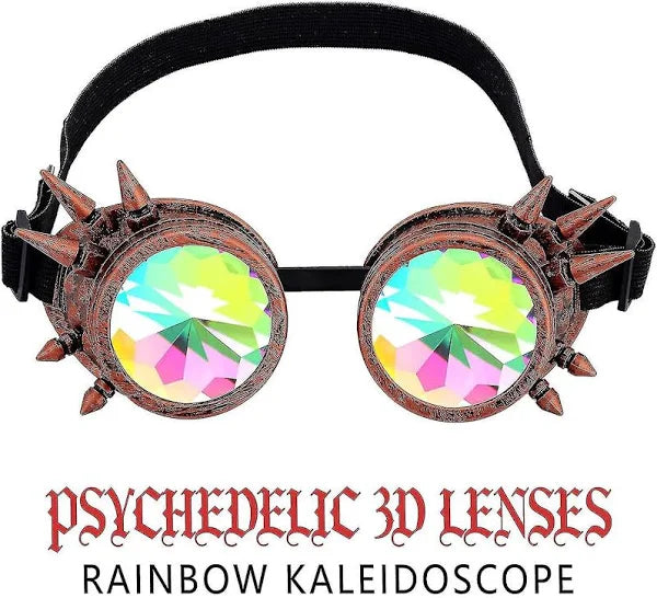 Bronze Kaleidoscope Steampunk Rave Goggles with Rainbow Crystal Glass Lens