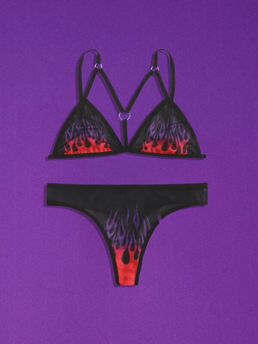Purple/Red Fire Pattern Lingerie Set (Sizes L)