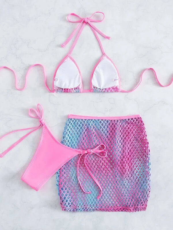 Pink & Blue Mesh Bikini & Skirt (Sizes S-M, L)